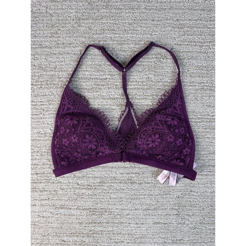 Victorias Secret NWT Body By Victoria Lace Bralette Purple Front Close Small S/P